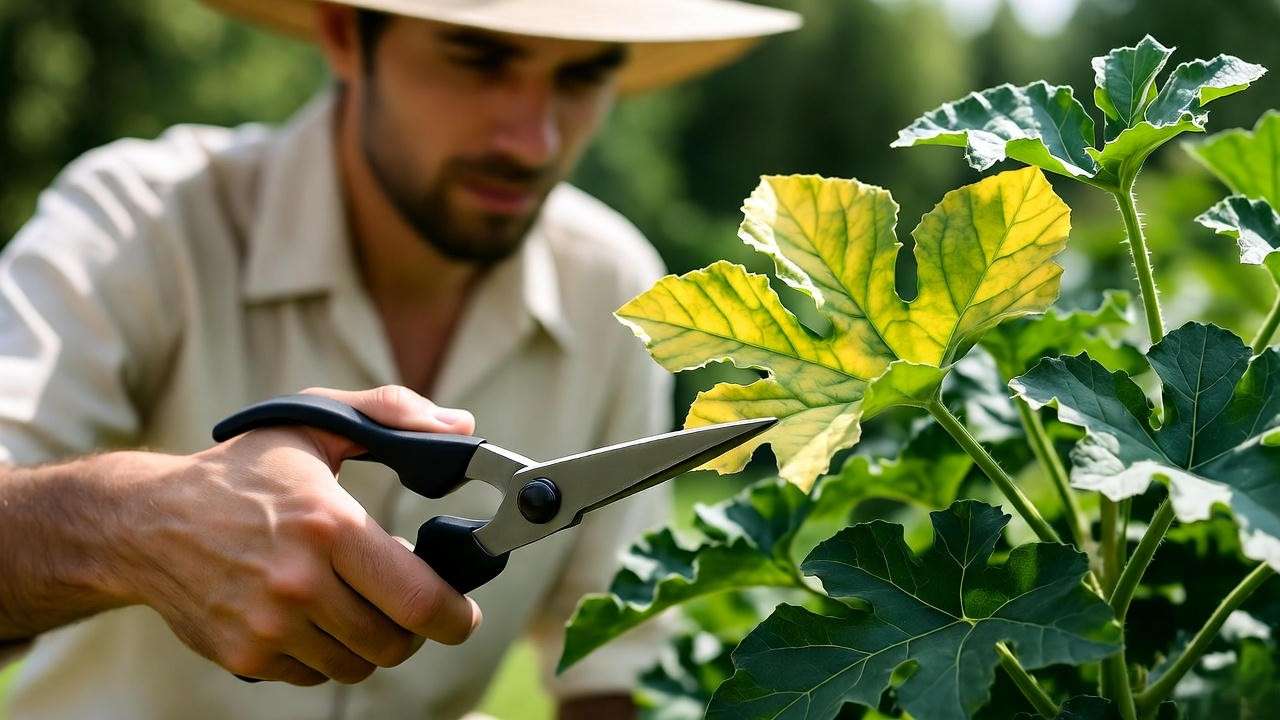 Gardener pruning yellowing leaf from watermelon plant"