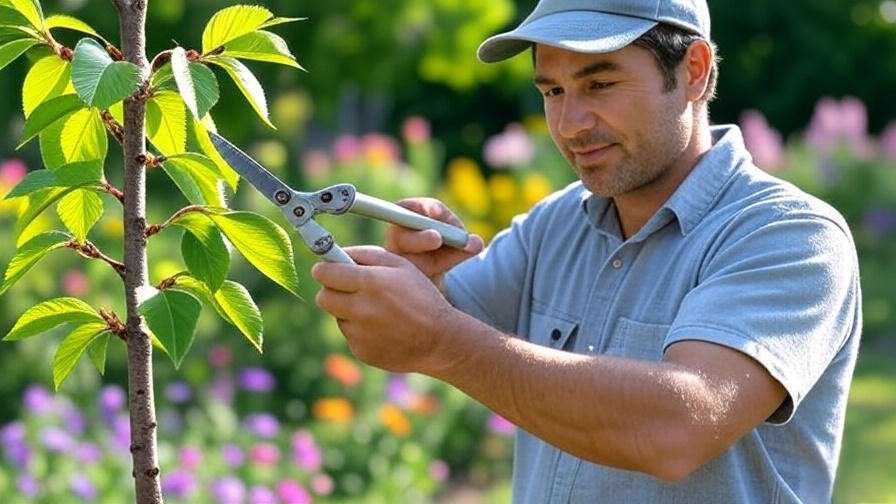 Gardener pruning a young cherry tree with shears in a sunny garden with colorful flowers".
