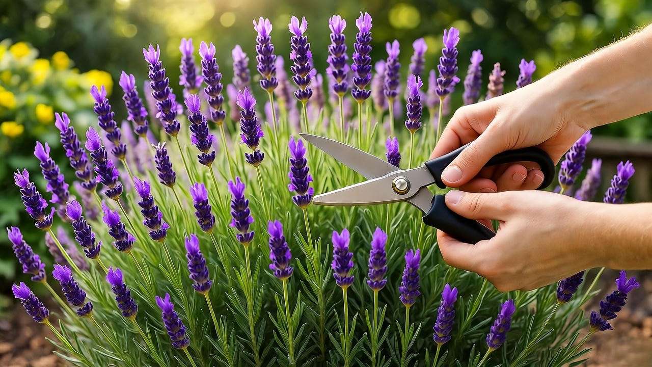 Gardener pruning Grosso lavender into a rounded mound shape in a sunny garden".