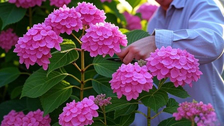 Close-up of Pink Diamond Hydrangea Tree blooms with gardener pruning for optimal growth."