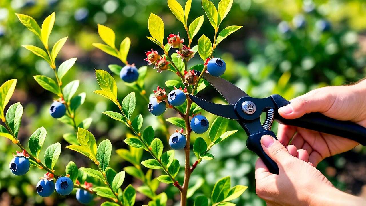 Brightwell blueberry plant pruning with shears in a sunny garden."