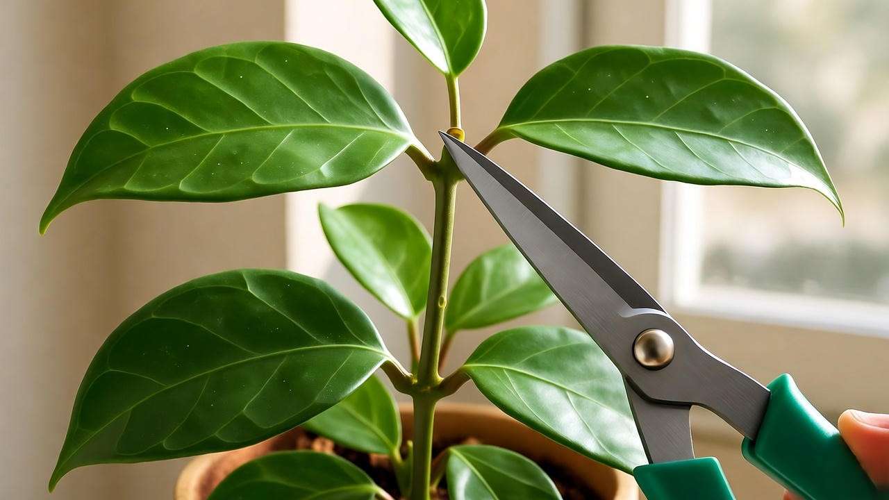 Pruning Hoya Chelsea plant with shears at a node in a bright root
