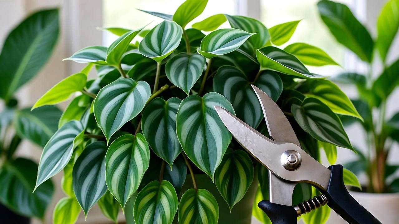Close-up of octopus plant pruning with shears in a bright indoor setting."