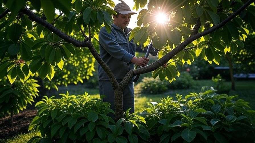 Gardener pruning cherry tree with open-center structure in sunlight."
