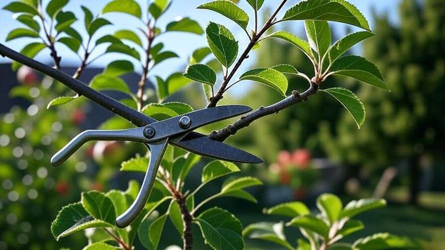 Pruning shears cutting a branch of a Pixie Crunch apple tree with green leaves and apples."