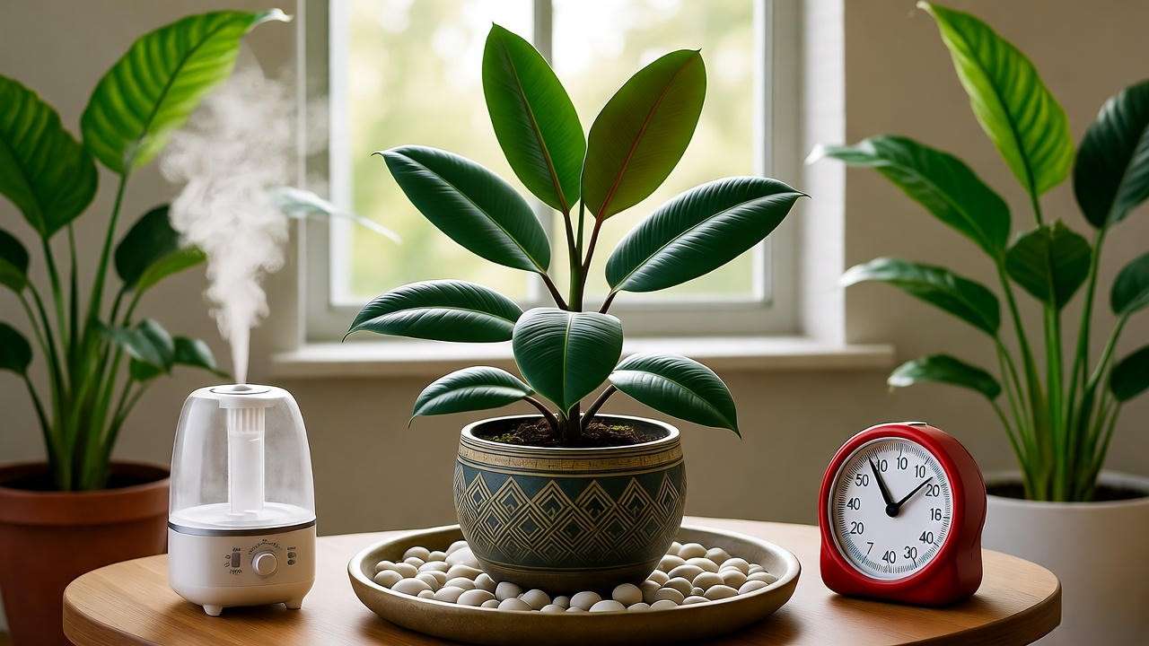 Rubber Plant on a pebble tray with humidifier for ficus plant care humidity tips."