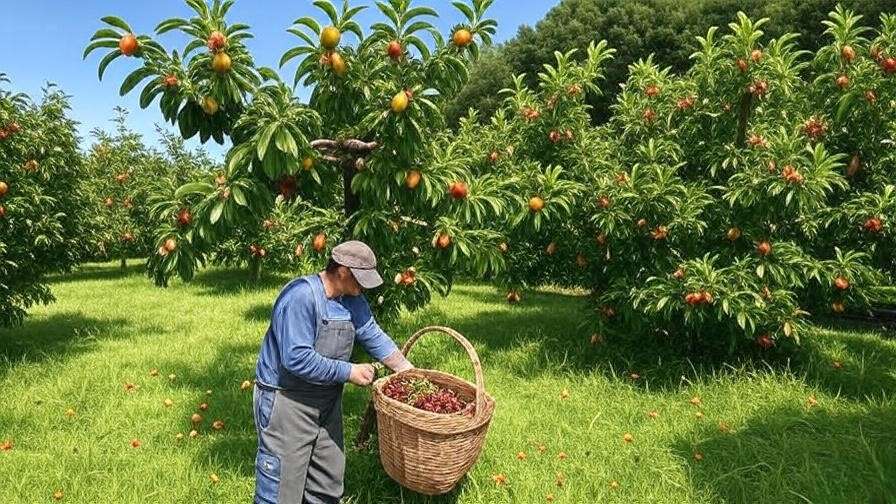 Gardener harvesting Rainier cherry tree with yellow-red fruit under bird netting."
