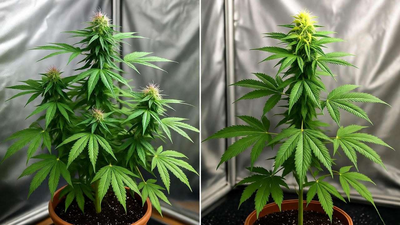 Comparison of topped and untopped cannabis plants in a grow tent"