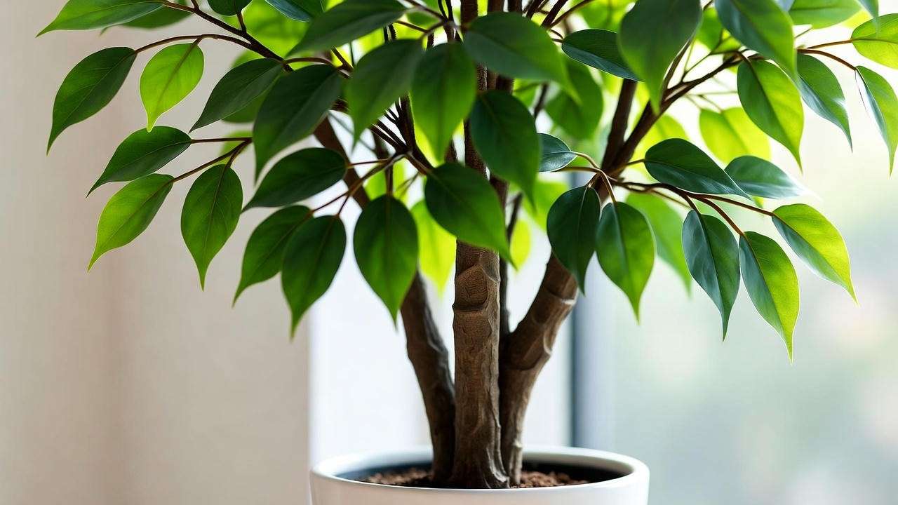 Close-up of a realistic faux ficus plant with green leaves in a ceramic pot for indoor decor".