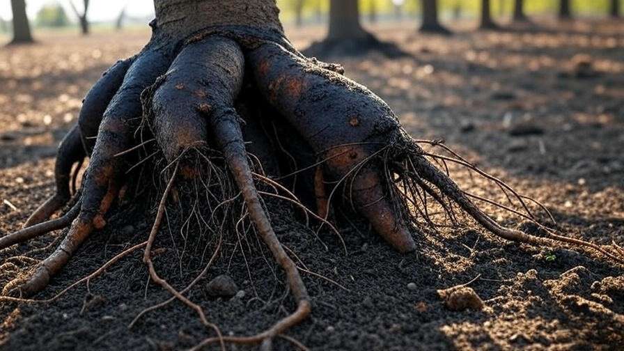 Diseased cherry tree roots with fungal growth next to healthy roots"
