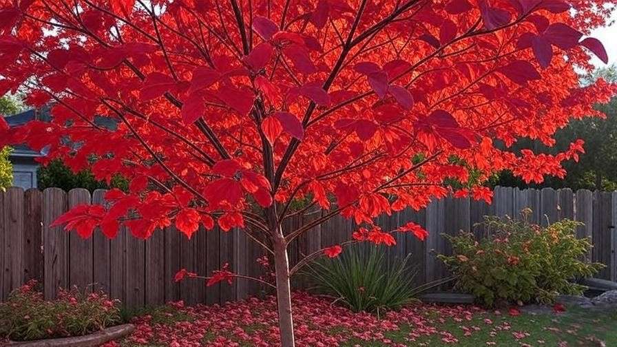 Red Dogwood tree with red foliage and fading blooms by a wooden fence.