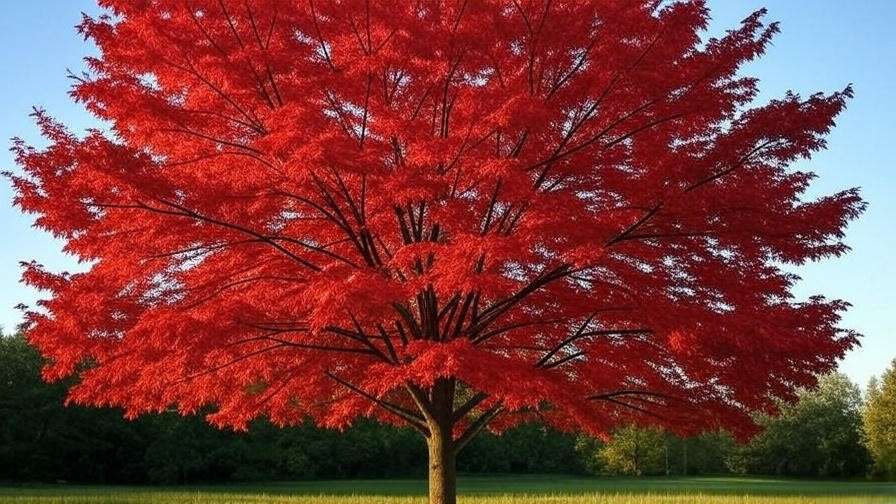 Vibrant red foliage of a Red Maple tree in autumn against a clear sky.