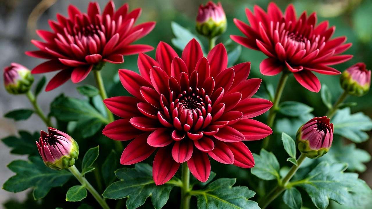 Close-up of vibrant red mum plant flowers and deep green leaves, highlighting healthy bloom color