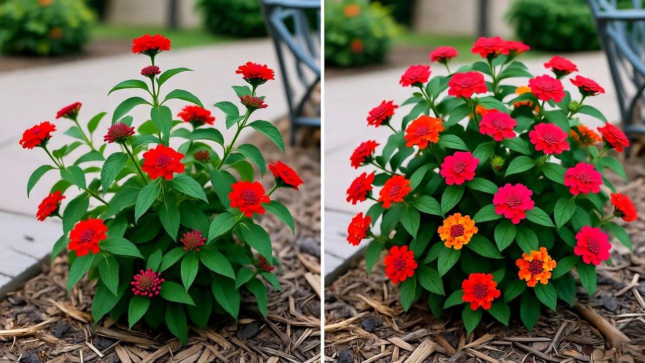 Red lantana before and after spring hard pruning for dense growth
