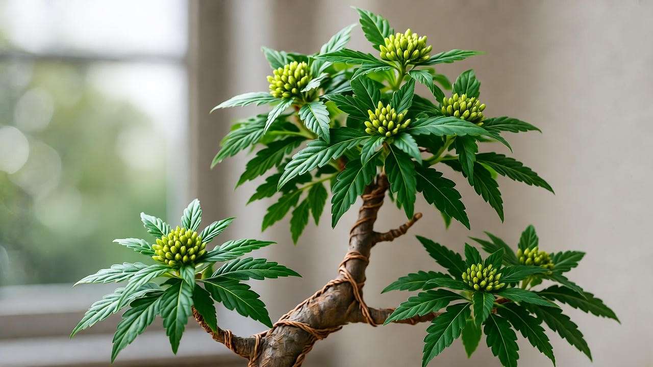 Multi-tiered bonsai weed plant with advanced wiring for aesthetic design.