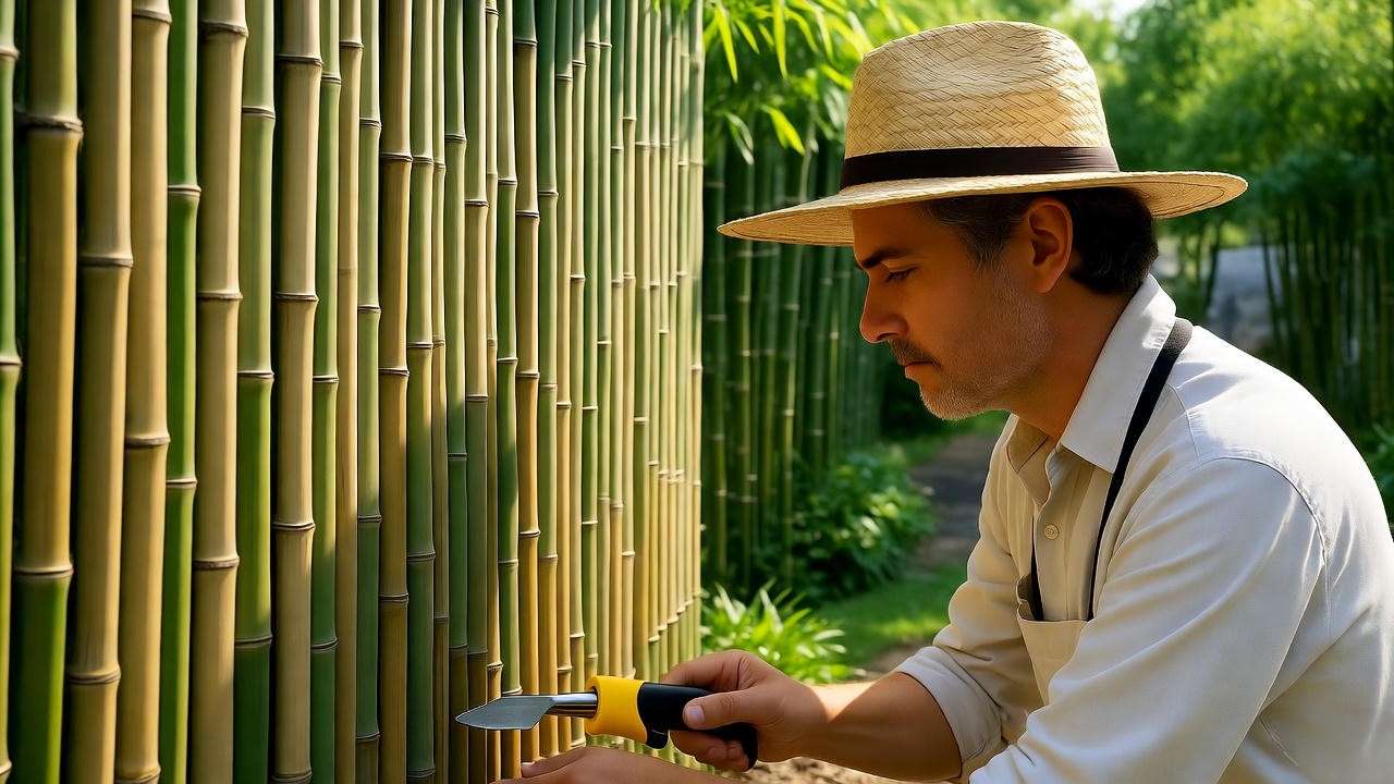 Gardener inspecting a bamboo barrier for rhizome breaches in a garden."