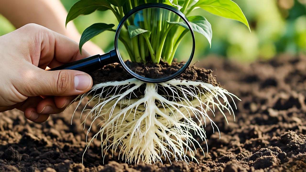 Gardener inspecting healthy plant roots with a magnifying glass"