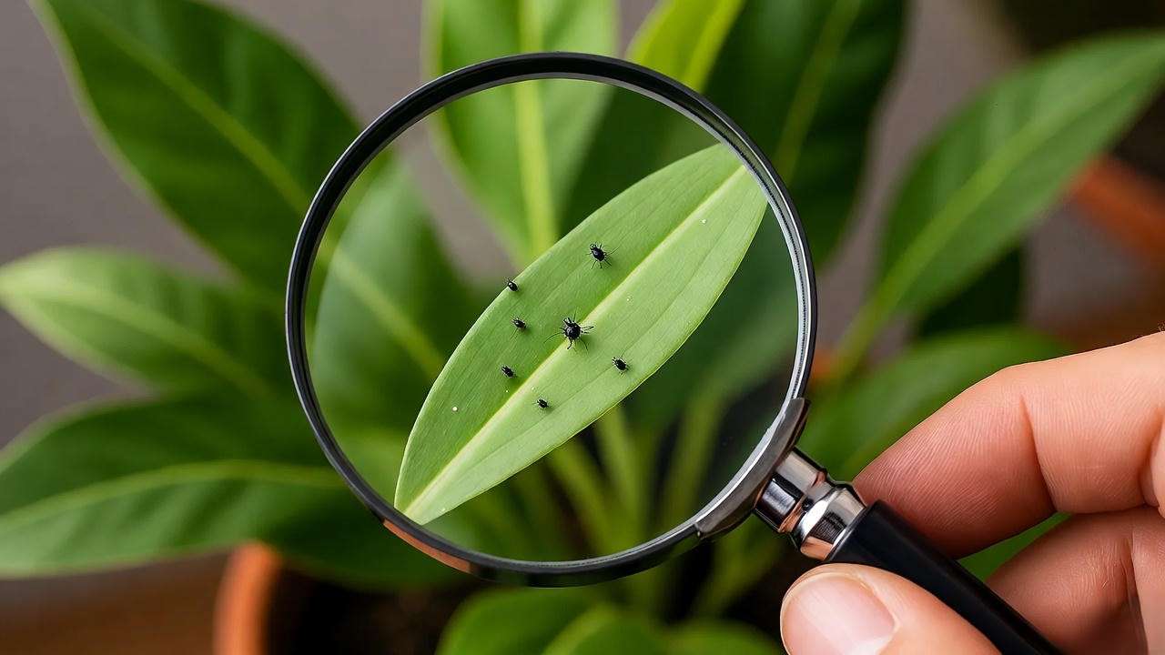 Gardener using a magnifying glass to inspect a plant for tiny black bugs.