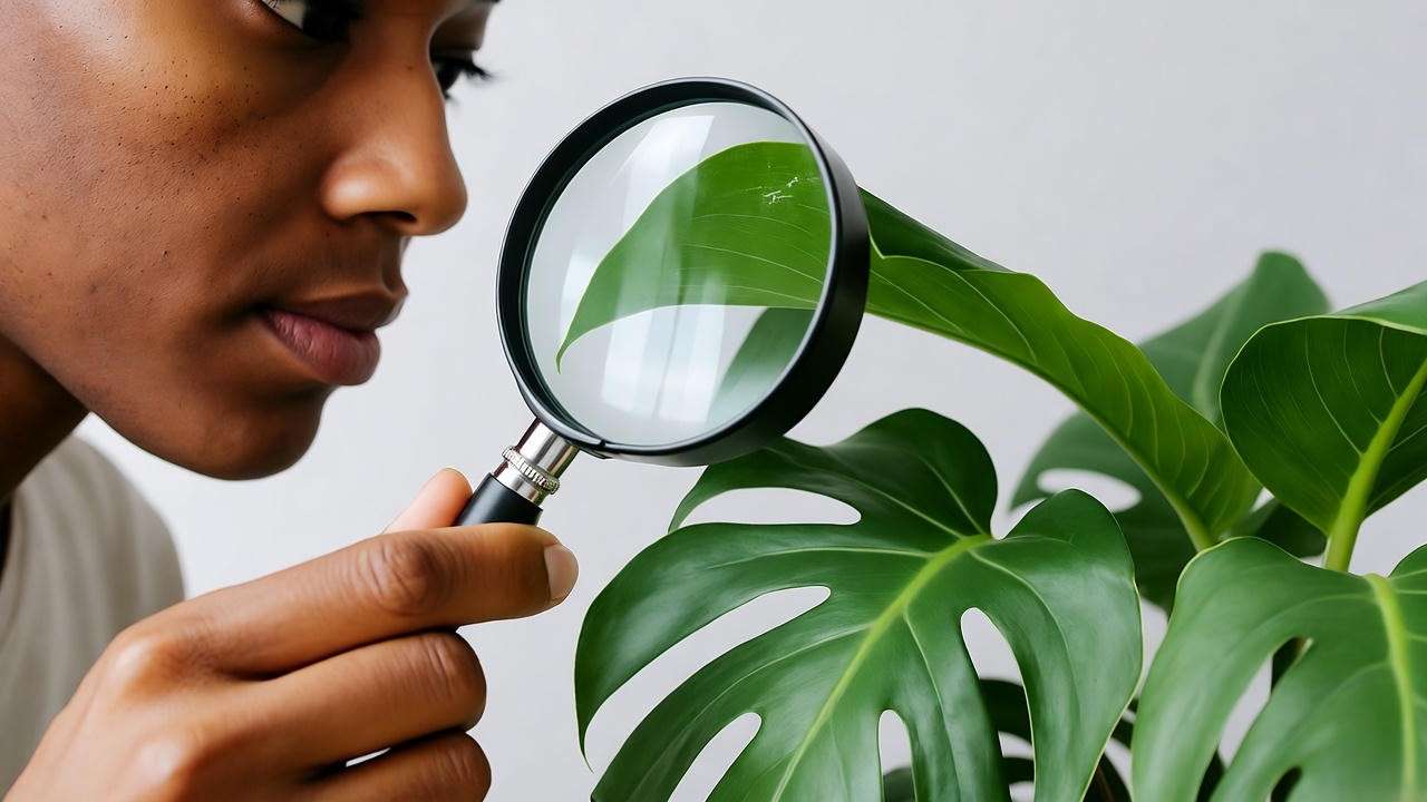 Person checking plant leaves with magnifying glass for health"
