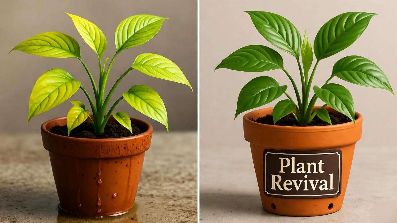 "Before-and-after image of a repotted overwatered plant showing healthy recovery".