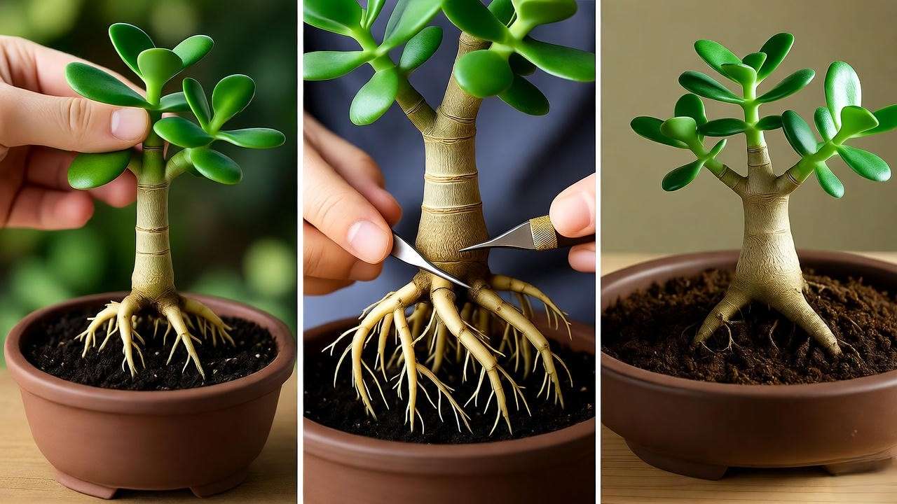 Step-by-step jade plant bonsai repotting process".
