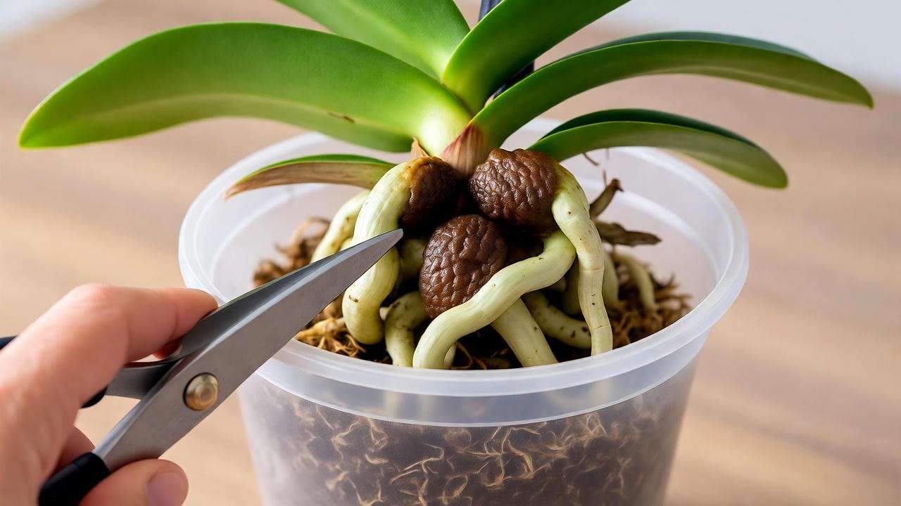 Repotting an overwatered orchid by trimming rotted roots and adding fresh bark for recovery".