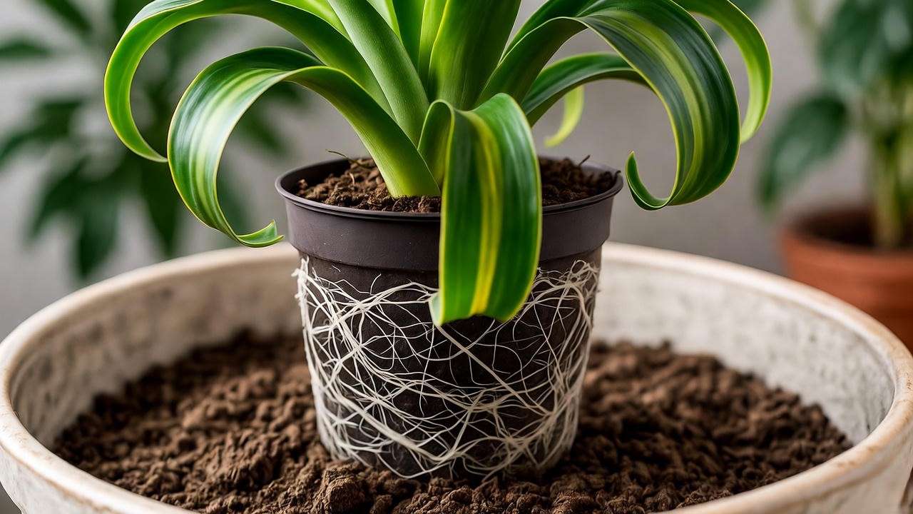 Repotting a pot-bound plant with curling leaves into a larger pot