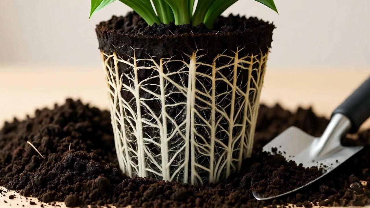 Potted plant with trimmed roots during repotting for healthier growth"