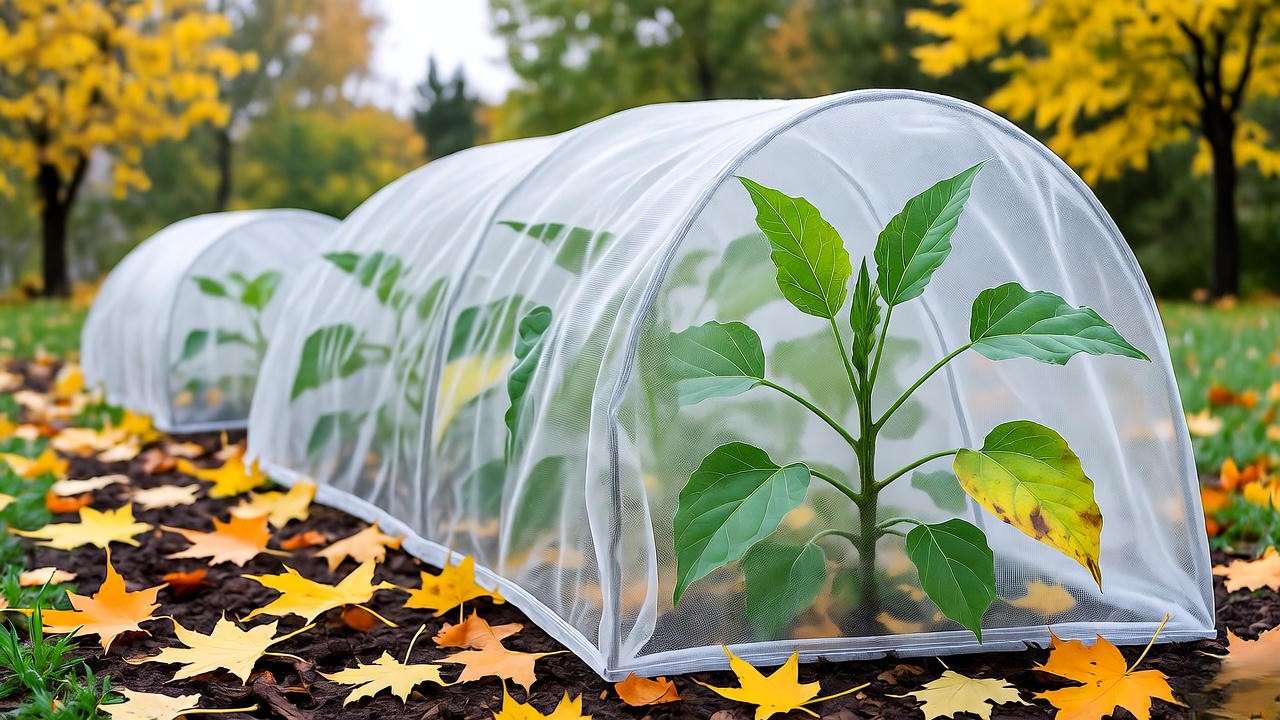Row cover protecting full grown okra plants from fall frost