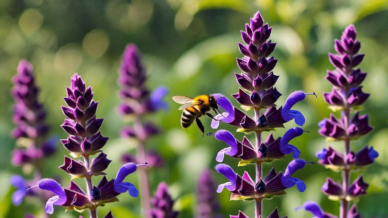 Close-up of salvia purple flowers with a bee in a sunny garden border".