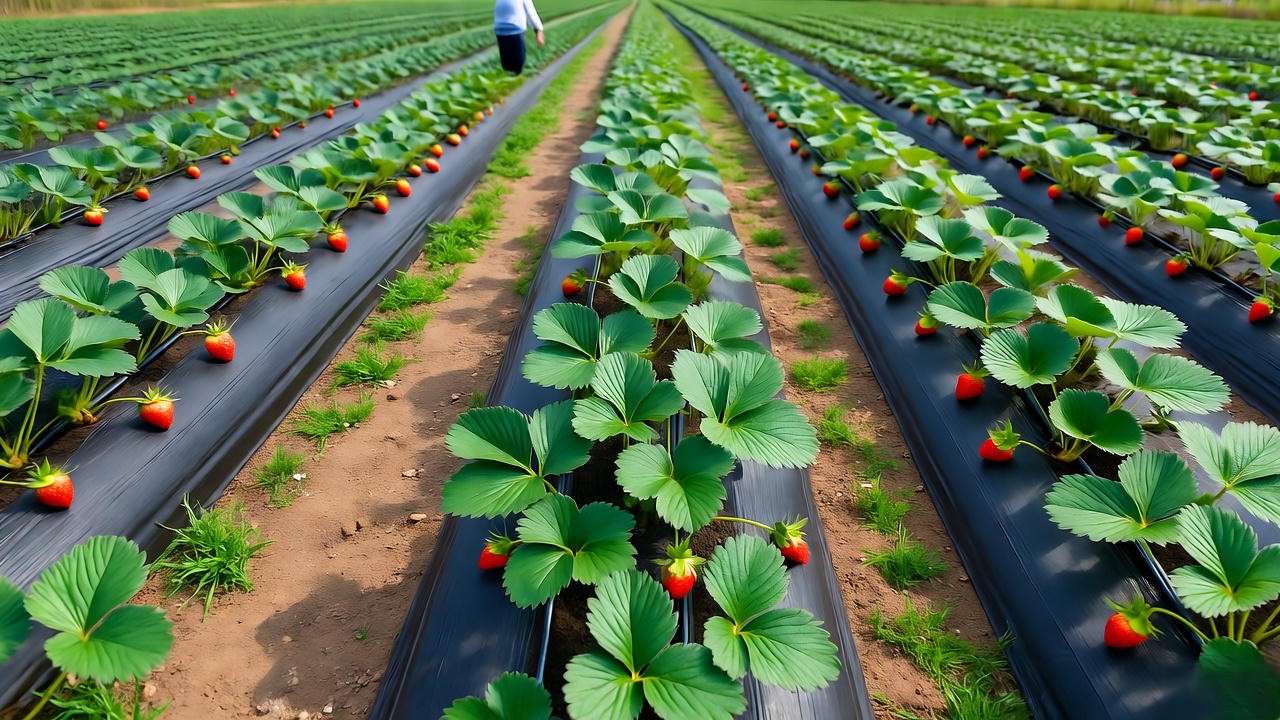 Large garden with Seascape strawberry rows, black mulch, and irrigation system."