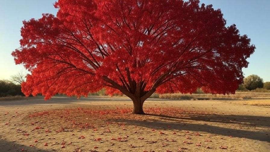 Scarlet Oak with deep red foliage in a dry autumn landscape.