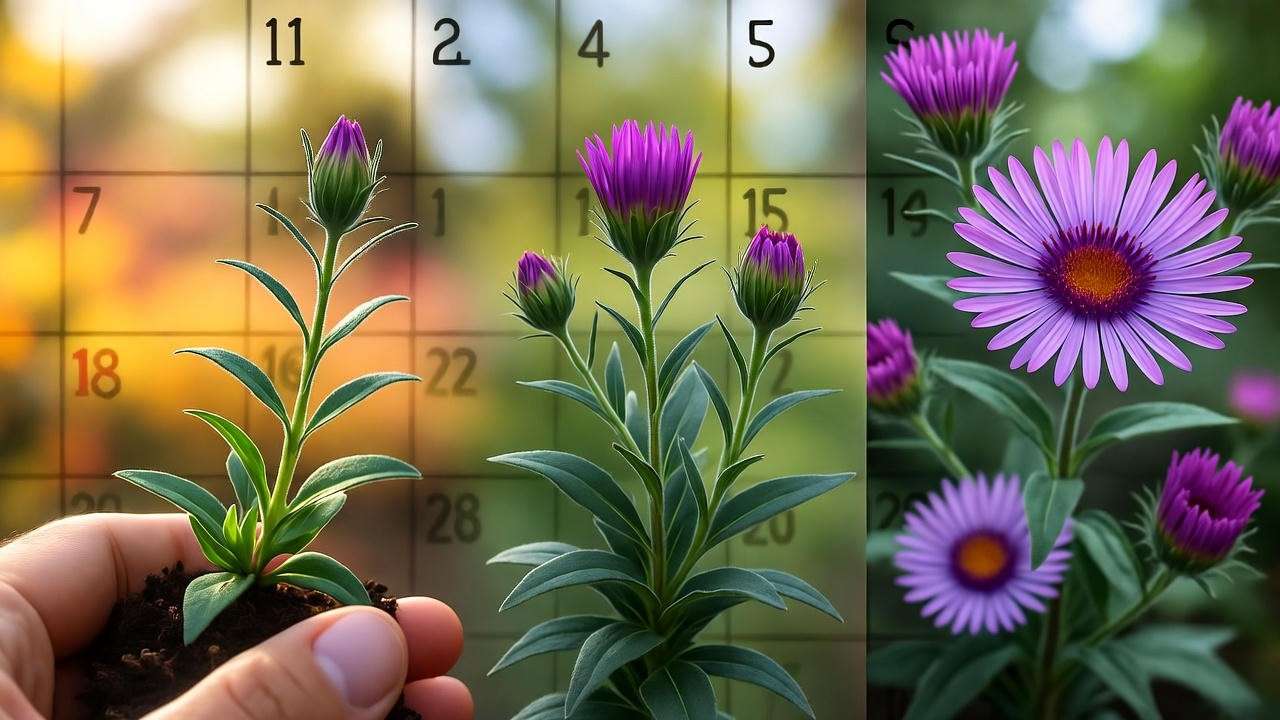 "Aster plants through seasons from spring shoots to fall blooms in a vibrant garden".