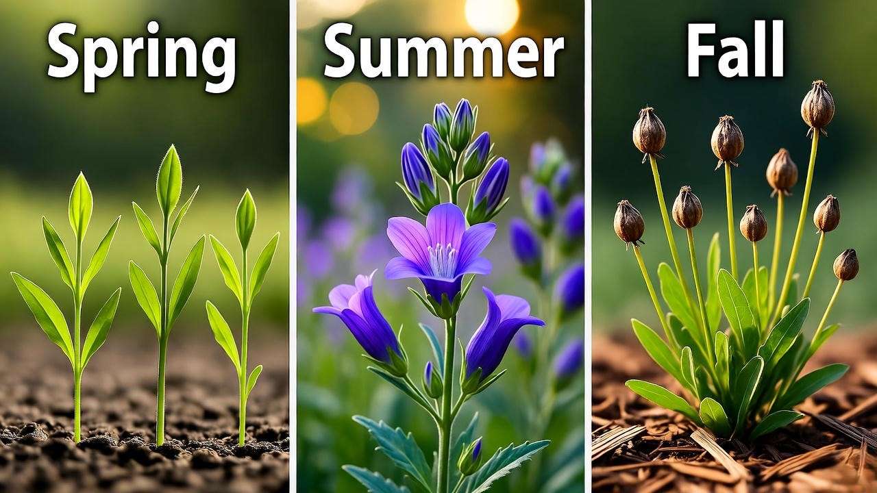 "Canterbury bells in spring seedlings, summer blooms, and fall mulched plants."