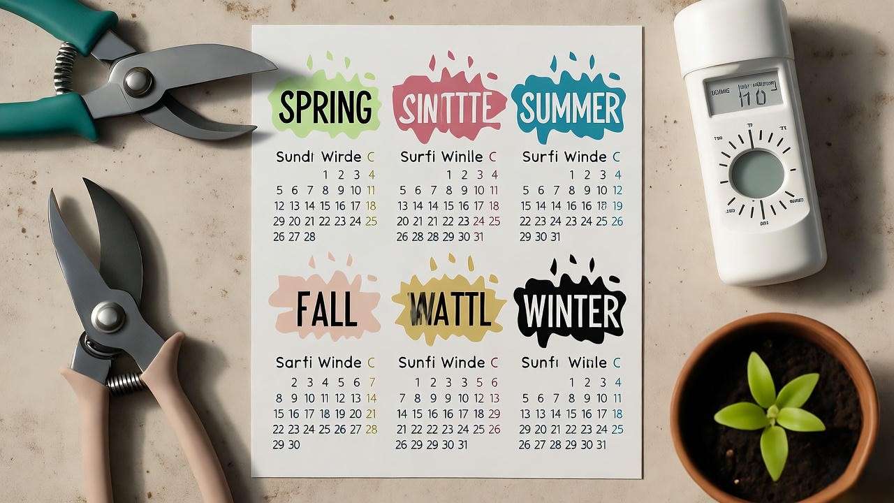 Visual confetti plant care calendar showing seasonal tasks year-round