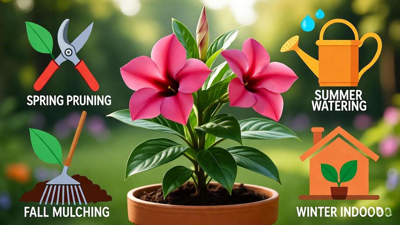 Dipladenia plant with icons for seasonal care including pruning, watering, and mulching in a garden."