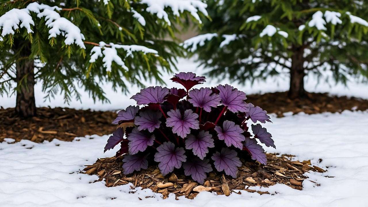 Palace Purple Heuchera mulched for winter with light snow"