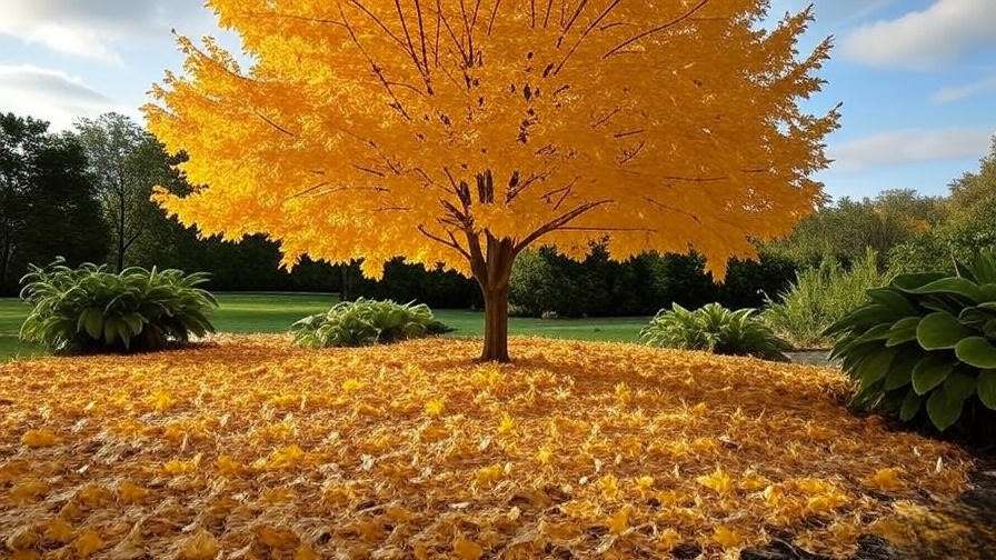 Princeton Gold Maple Tree in fall with golden leaves and hosta companion plants in a mulched garden."
