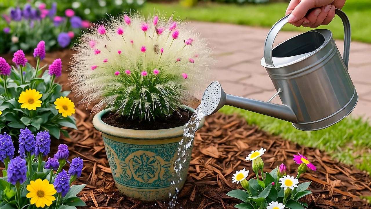 Fertilizing a potted Calliandra powder puff plant in a spring garden setting.