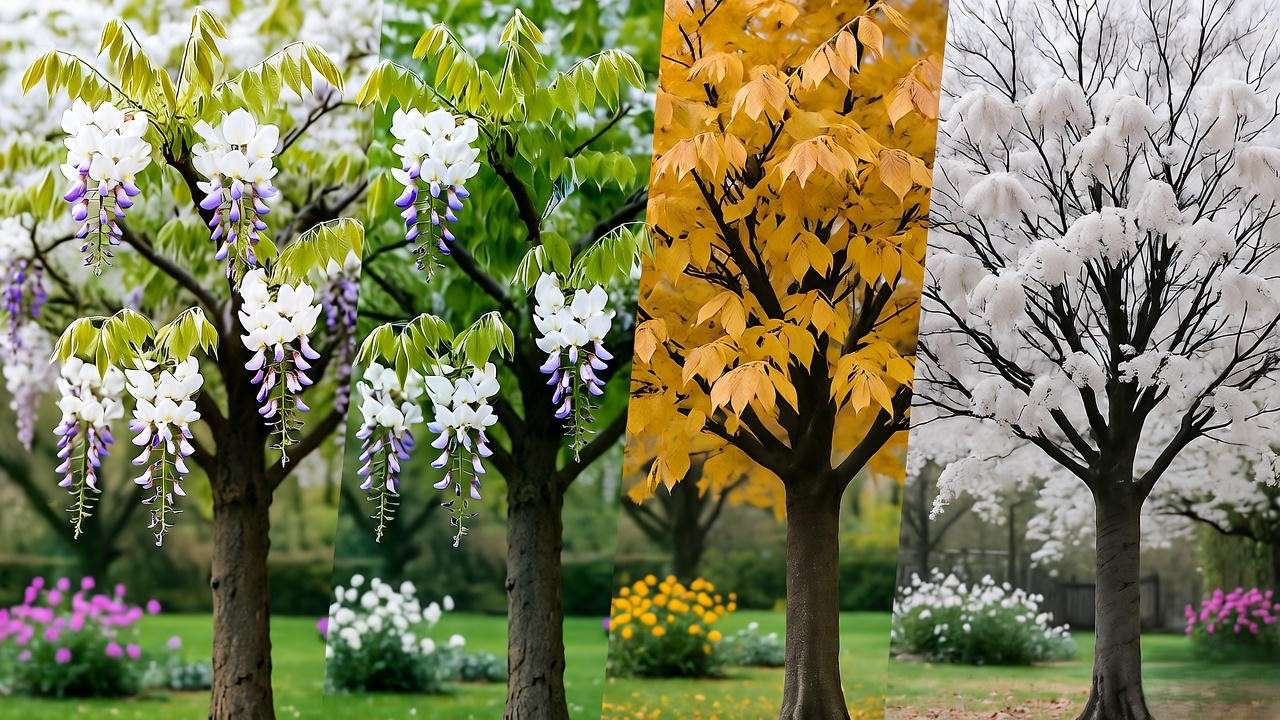 White wisteria tree through seasons from spring blooms to winter dormancy."