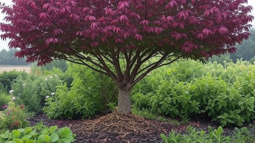 Purple ash tree seasonal progression with fall foliage, summer leaves, and winter state in a mulched garden."