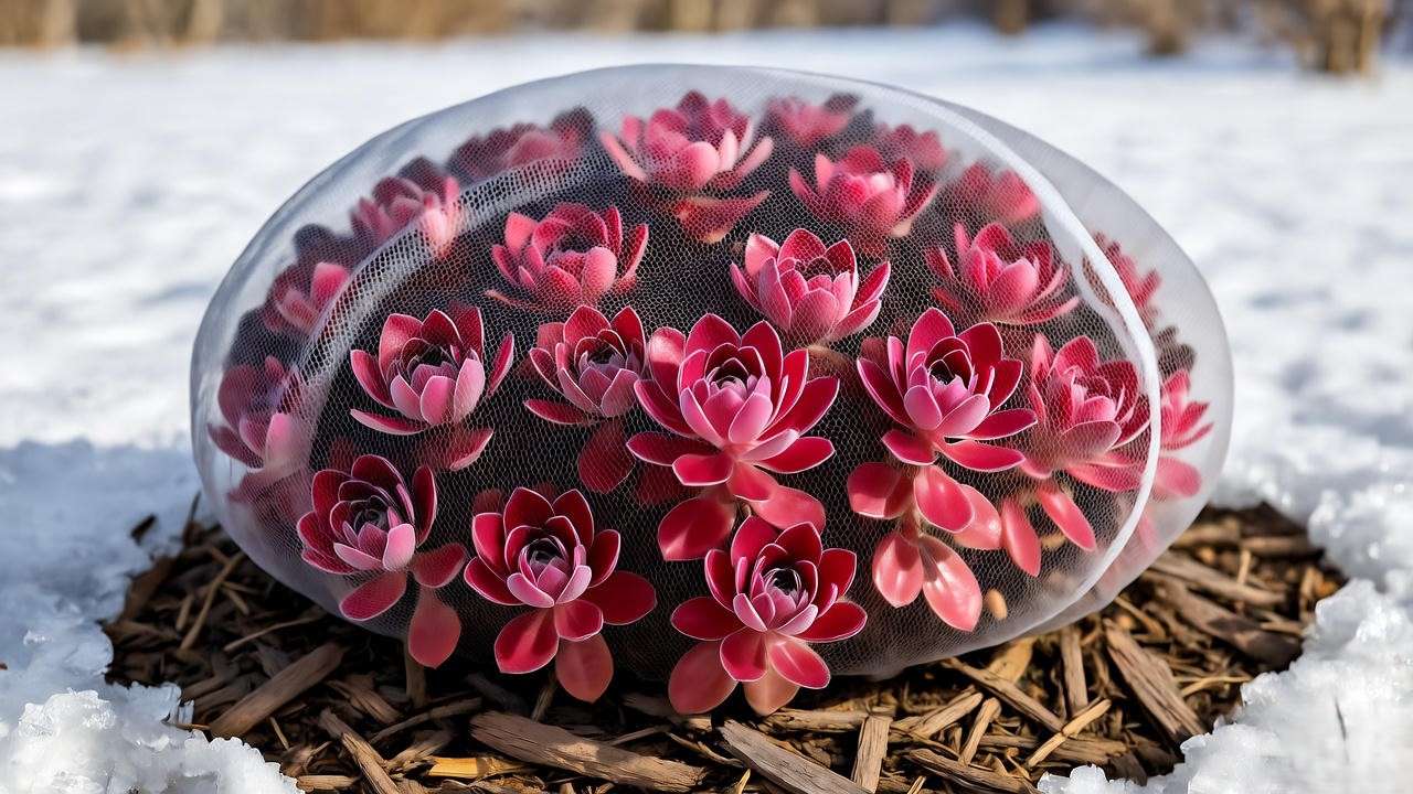 Dragon’s Blood Sedum protected with fabric and mulch in a snowy winter landscape."