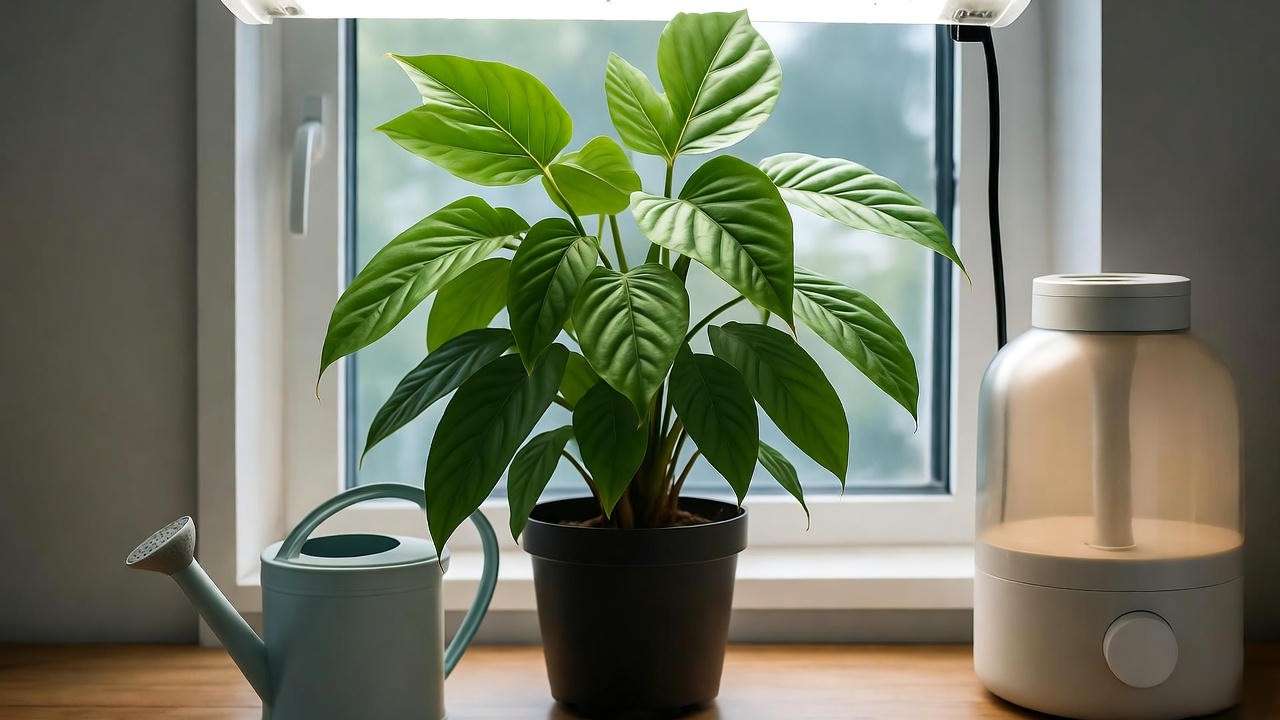 "Fabian Aralia with grow light and humidifier for winter care".