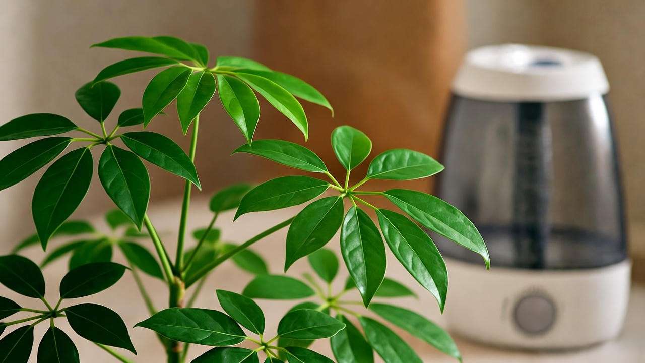 Schefflera plant with humidifier in a cozy indoor winter setting."