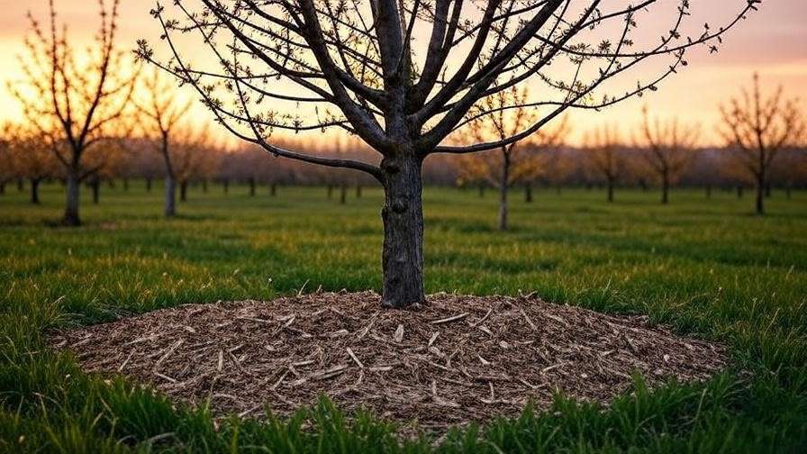 Cherry tree mulched for dormancy in fall under golden sunset