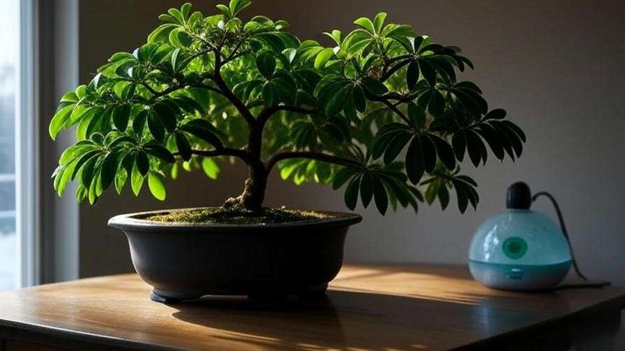 Schefflera bonsai tree indoors in winter with grow light and humidifier."