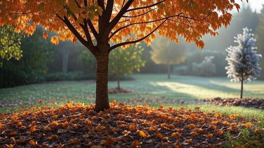 "Cherry tree in fall with mulch and frost-protected young tree."
