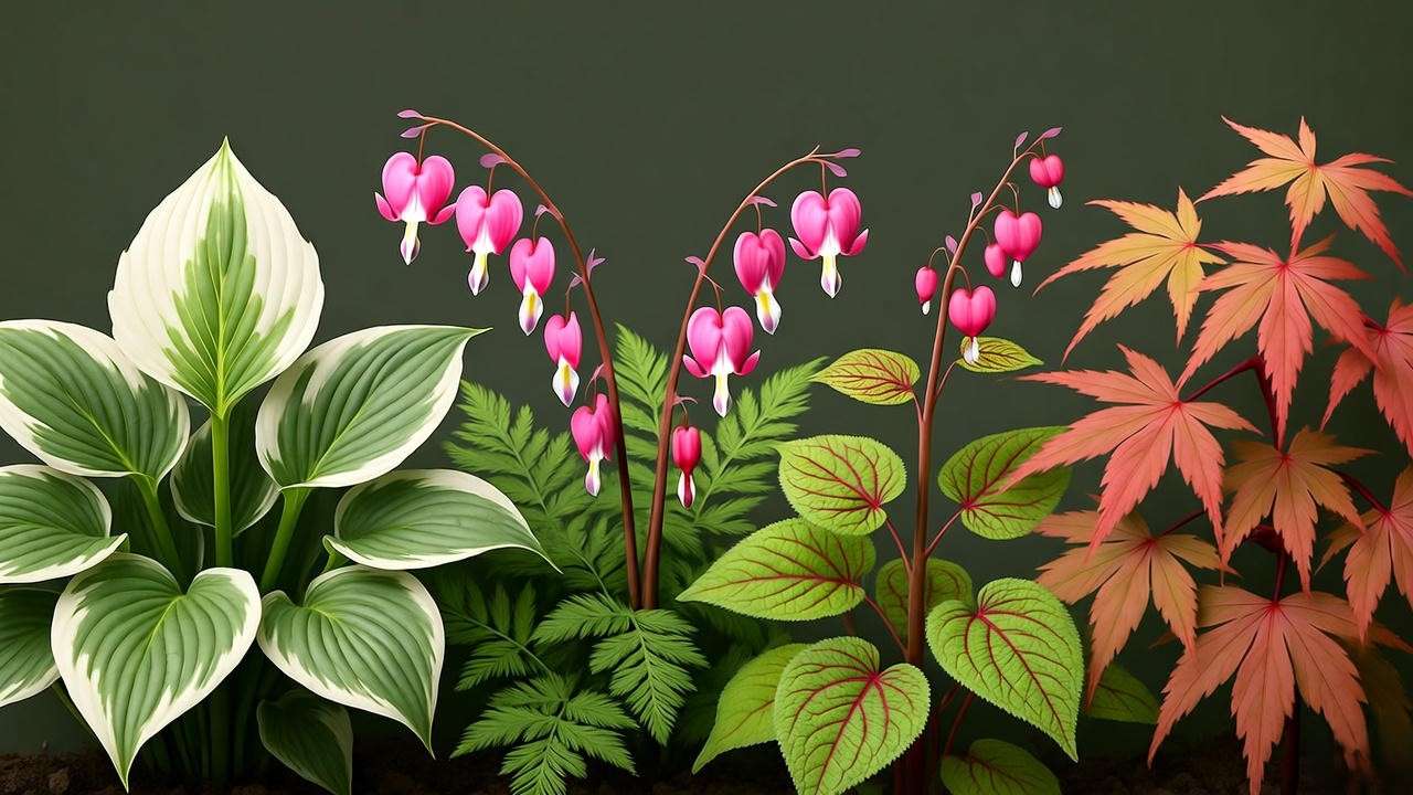 "Seasonal garden with white hostas and companion plants"