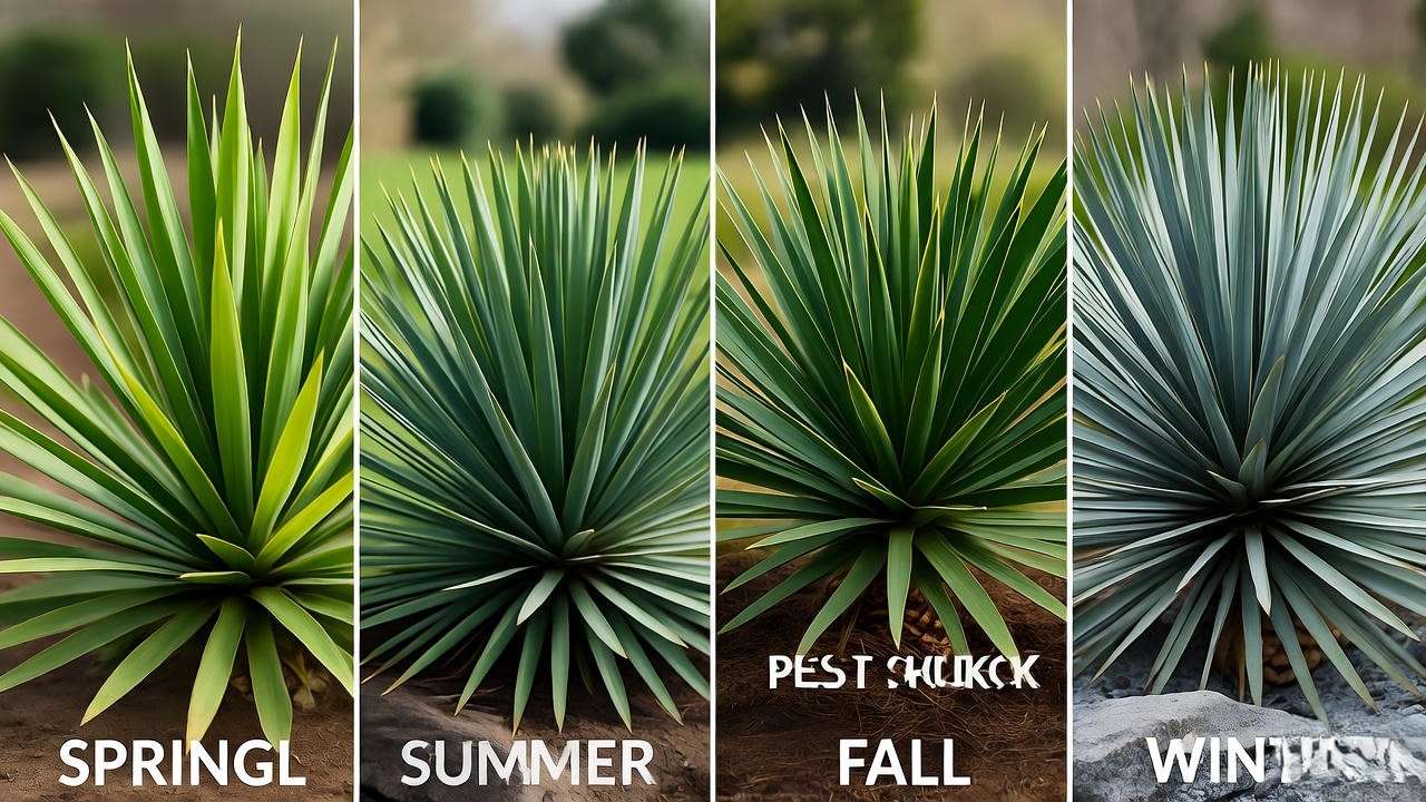 Yucca plant seasonal care stages from spring to winter."