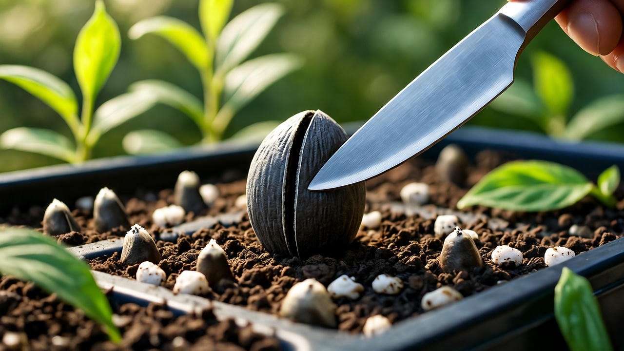 "Close-up of ibogaine plant seeds being scarified with a knife on soil mix in a tray with humidity dome."